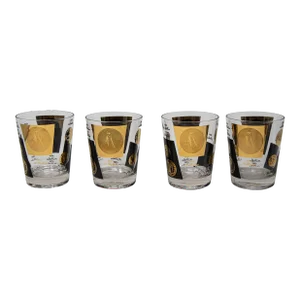 Double Old Fashioned Gold and Black Coin Set of 4 Barware Glasses by Cera 1960s