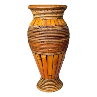 Vintage Mid Century Pencil Reed and Bamboo Tall Vase For Sale