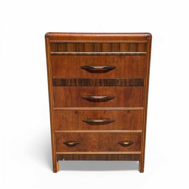 1930s Art Deco Waterfall Tallboy Dresser With Figured Wood For Sale - Image 15 of 16