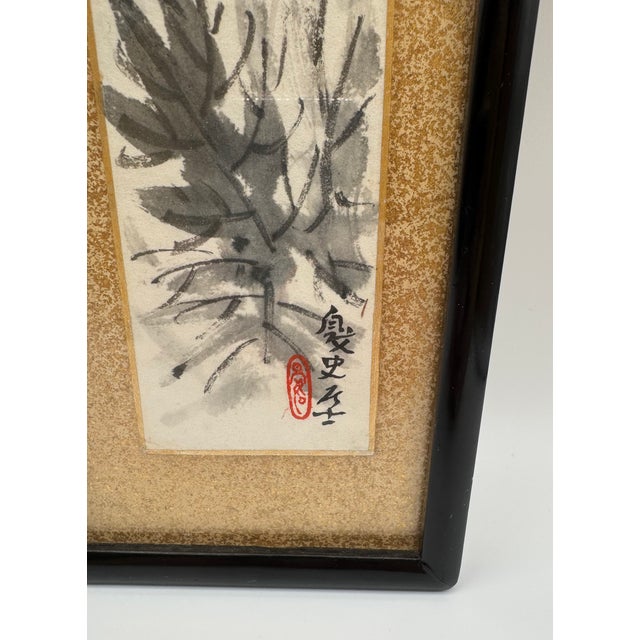 Set of 2 Vintage Japanese Tanzaku Paintings Floral & Drama Zen Art Framed For Sale - Image 6 of 15
