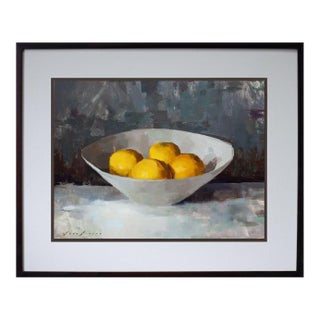 Contemporary Quiet Lemons by Jon Doran | Oil on Panel Lemons in a White Bowl Still Life For Sale