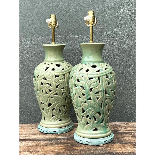 Metal Vintage Cutout Green Ceramic Table Lamps - Pair For Sale - Image 7 of 12