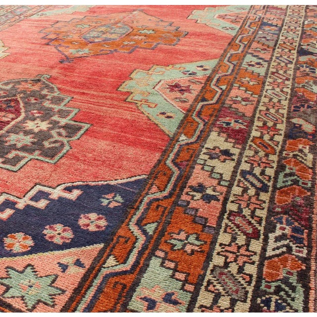 Vintage Turkish Oushak Rug in Bold Coral Red With Navy, Teal, and Burnt Orange 4'10 X 9'8 For Sale In Atlanta - Image 6 of 8