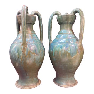 Pair of 1940s AR Cole Nc Spider Floor Vases Studio Art Pottery Drip Glaze 3 Handle For Sale