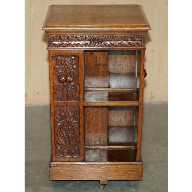 Carved 1880 Antique Victorian English Oak Revolving Bookcase Book Table For Sale - Image 12 of 17