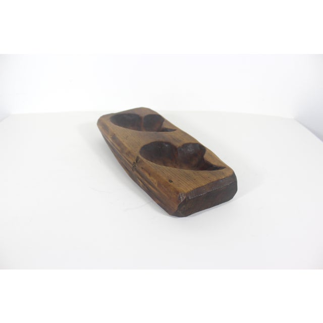 Antique primitive double heart carved wood maple sugar mold. This has a hole and a metal hook on the back for hanging....