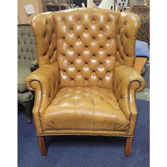 Vintage 1950s Leather Tufted Chippendale Wing Chair For Sale - Image 9 of 14
