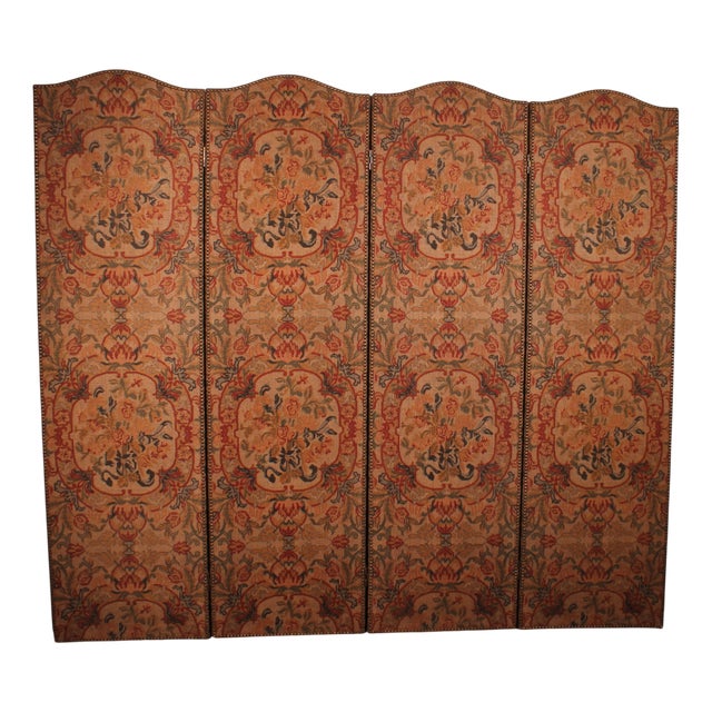 19th Century Painted Fabric Four-Panel Screen For Sale