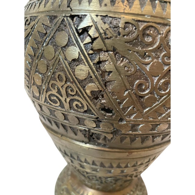 Metal Antique Middle Eastern (?) Ornate Brass Vase 11" Hand Engraved For Sale - Image 7 of 8