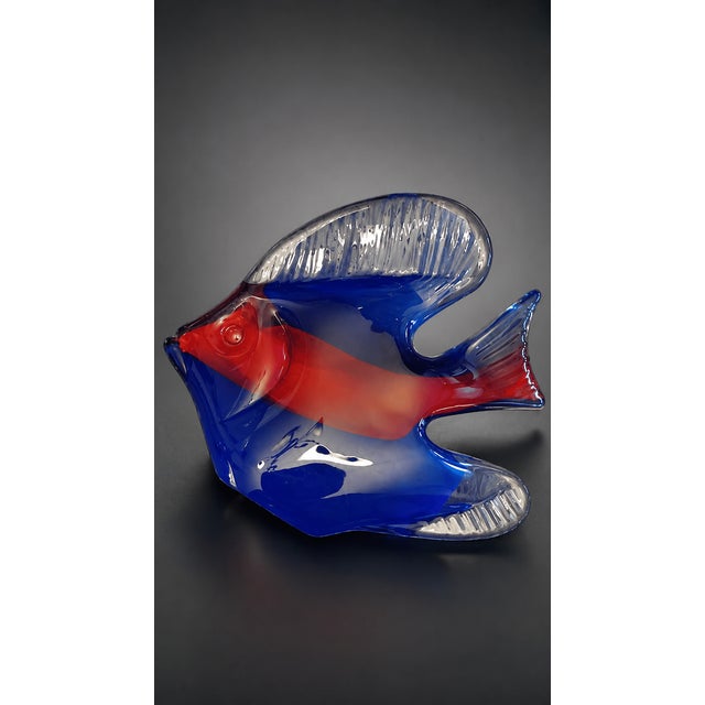 Vintage Murano Style Hand Blown Glass Coastal Angelfish Sculpture / Paper Weight – Blue Red Tropical Fish 6" For Sale - Image 10 of 12
