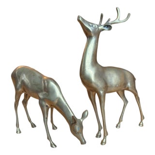 Large Vintage Patina Brass Pair Deer Buck Doe For Sale