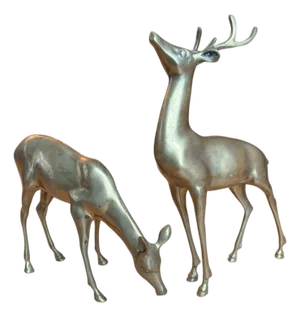Large Vintage Patina Brass Pair Deer Buck Doe