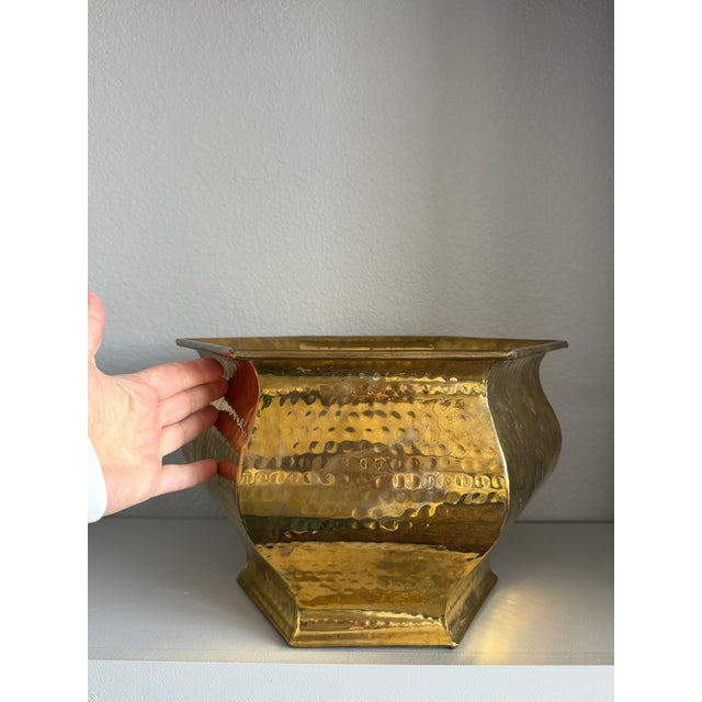 1980s Extra Large Vintage Hexagon Hammered Solid Brass Planter For Sale - Image 5 of 6