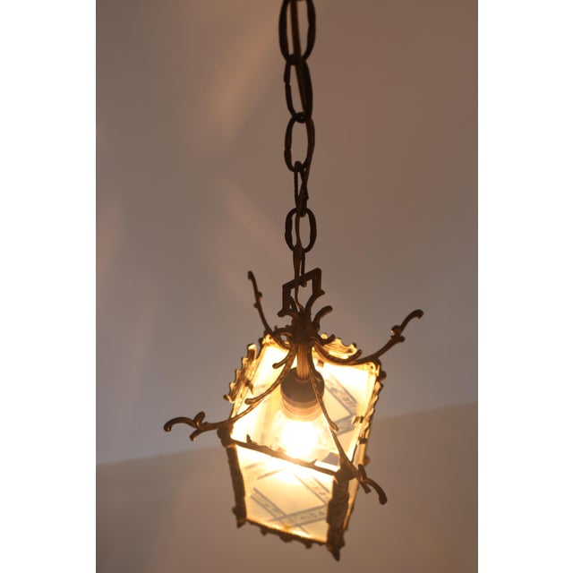 Antique Japanese Style Brass and Etched Glass Hanging Lantern, Early 20th Century For Sale - Image 14 of 18
