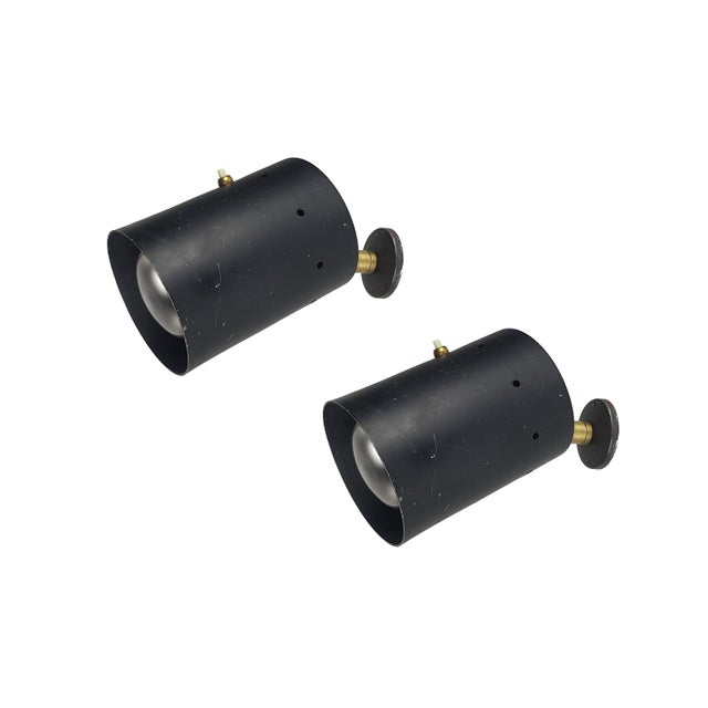 Italian Black Aluminum & Brass Adjustable Spot Lights, 1950s, Set of 2 For Sale - Image 12 of 12