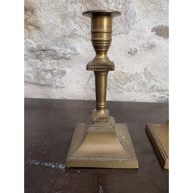 Victorian Pair of Antique Brass Victorian Candlesticks, Beaded Square Base For Sale - Image 3 of 10