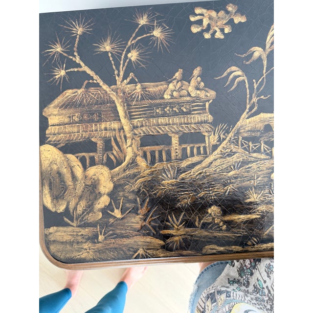 Baker Furniture Company 1990s Black Lacquer Vintage Chinoiserie Bombe Chest Feat Hand-Painted Gilt Asian Landscape Scenes For Sale - Image 4 of 7