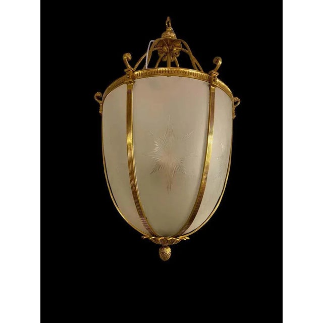 Large 20th-Century Hanging Frosted Glass and Ormolu Lantern For Sale - Image 10 of 13