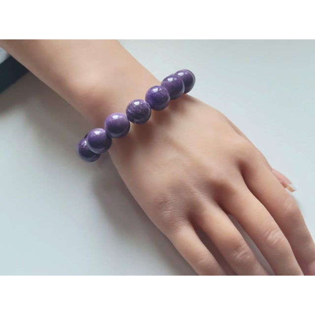 Gemstone Charoite Beaded Stretch Bracelet by Noblesse Oblige Studio, 9" For Sale - Image 7 of 10