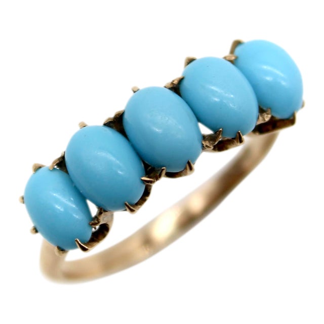 Late 19th Century Victorian 10k Gold Five-Stone Turquoise Ring, Size 7.5 For Sale
