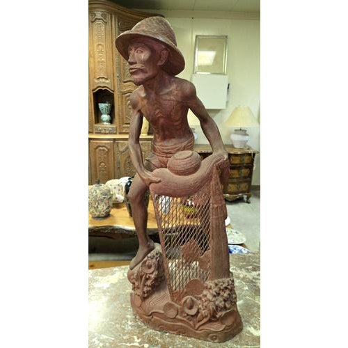 Large Asian Wooden Sculpture of Fisherman, 1890s For Sale - Image 3 of 8