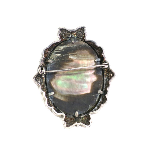 Metal Antique Edwardian Sterling Abalone Marcasite Cameo Brooch 1910s For Sale - Image 7 of 9