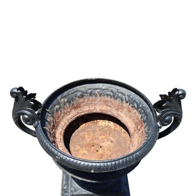 Metal Large Antique Classical Cast Iron Garden Urn With Handles on Base C1900 For Sale - Image 7 of 7