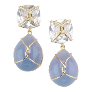 Christina Addison 18kt Yellow Gold Wrapped Drop Cushion Earring With Rock Crystal and Cabochon Chalcedony - a Pair