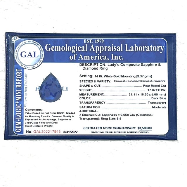 Natural Sapphire Diamond Ring Size 6.5 14k W Gold 17.73 TCW Certified For Sale - Image 10 of 13