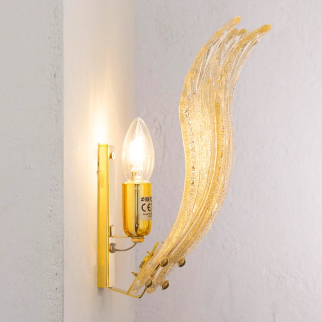 Large Wall Lights with 3 Murano Glass Amber Color Leaves and Gold Structure, Italy For Sale - Image 7 of 12