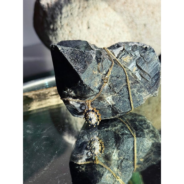 Metal Vintage Victorian Revival Sapphire & Diamond Cluster Pendant Necklace With 14k Gold Chain For Sale - Image 7 of 16