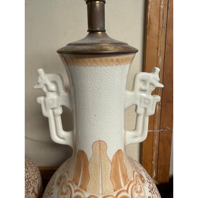 Cream Pair of Large Vintage Crackle Glaze Porcelain Table Lamps With Brass Accents For Sale - Image 8 of 11
