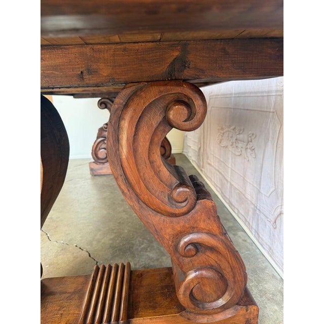 Spanish Colonial Revival Walnut Dining Table With Hand-Carved Scroll For Sale - Image 13 of 17