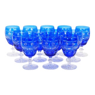 Large Val Saint Lambert Cobalt Blue Crystal Wine and Water Service for 12 People For Sale