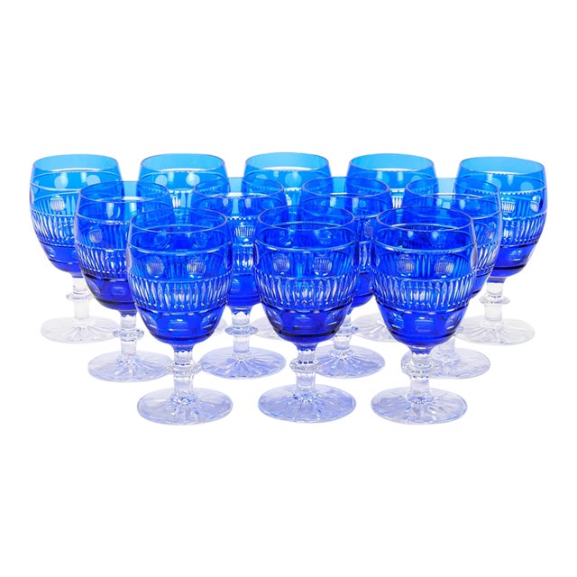 Large Val Saint Lambert Cobalt Blue Crystal Wine and Water Service for 12 People For Sale