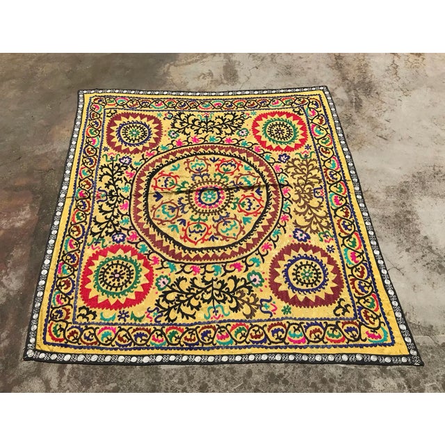 1980s Silk and Cotton Yellow Suzani Bedding/Tablecloth For Sale - Image 5 of 10