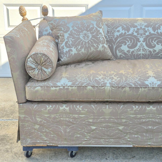 Baker Furniture Company Vintage George Smith Style Silk Damask Knole Sofa 81” Long With Hinged Sides Pineapple Finials Down Cushions For Sale - Image 4 of 17