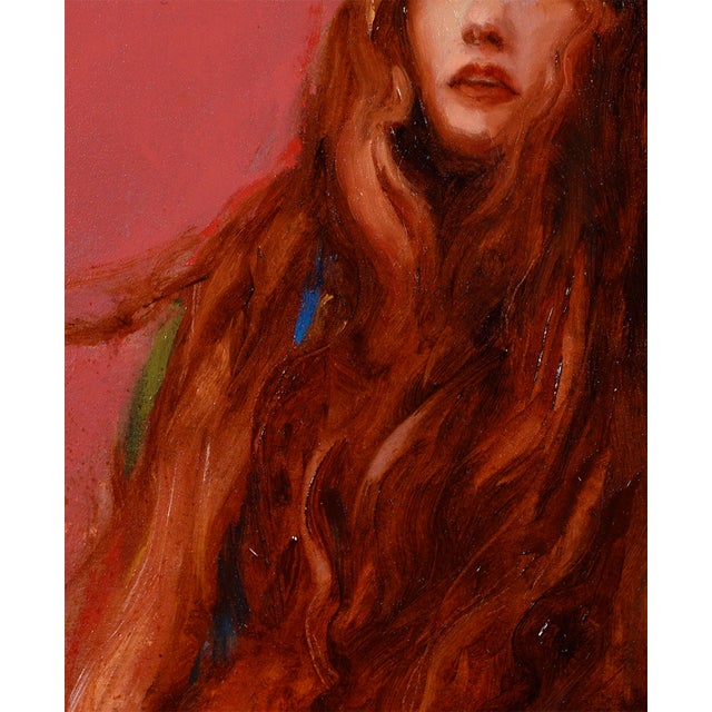 In "Curiosity," a figure with flowing, vibrant red hair gazes thoughtfully against a bold pink background, creating a...