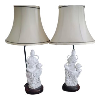 1940s Mid-Century Modern Blanc De Chine Guanyin Porcelain Table Lamps - A Pair With Original Lamp Shades For Sale