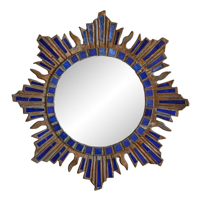 French Sunburst Blue Talosel Wall Mirror by Irena Jaworska, 1960s - 2 Available For Sale