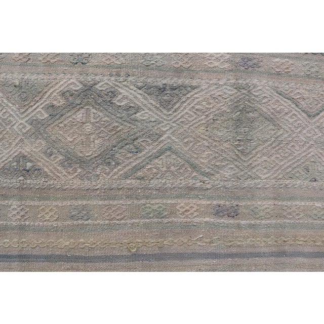 Textile Mid 20th Century Vintage Turkish Flat-Weave Kilim With Stripes and Embroideries With Gray-Green For Sale - Image 7 of 12
