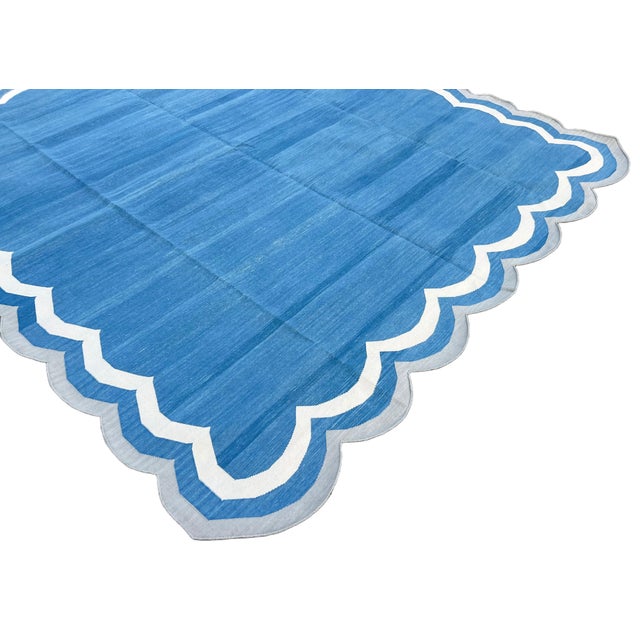 Not Yet Made - Made To Order Handmade Cotton Reversible 4 Sided Scalloped Edge Rug Blue With Cream and Grey Border - 10'x14' For Sale - Image 6 of 11
