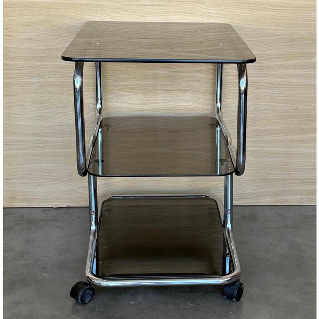 Mid Century Sleek Italian Three Tier Chrome and Glass Drinks Trolley On Castors For Sale - Image 12 of 18