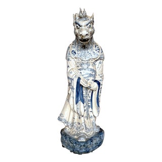Monumental Ming Dynsty Style Blue & White Anthropomorphic Horned Horse Deity For Sale