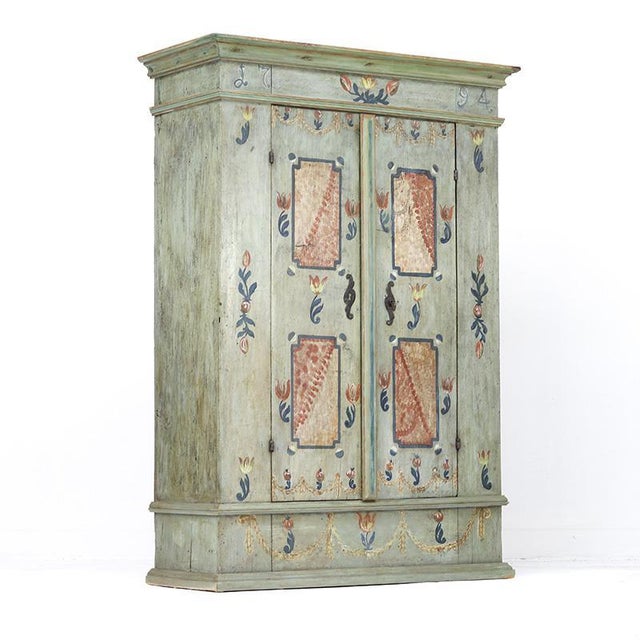 Wood Folk Art Rustic Farmhouse Painted Bridal Cabinet, 1794 For Sale - Image 7 of 14