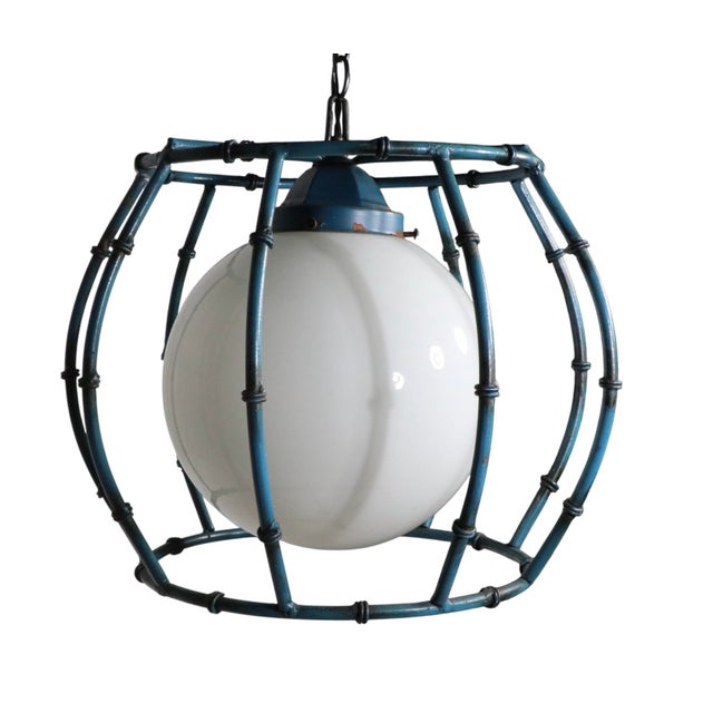 Metal Mid 20th Century Mid Century Modern Faux Bamboo Metal Cage Chandelier With Ball Center Globe For Sale - Image 7 of 12