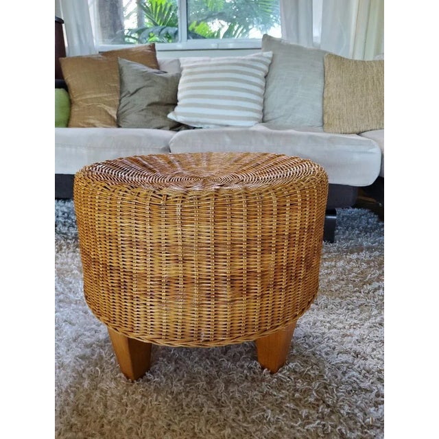 Wood Round Rattan Ottoman, Vintage For Sale - Image 7 of 11