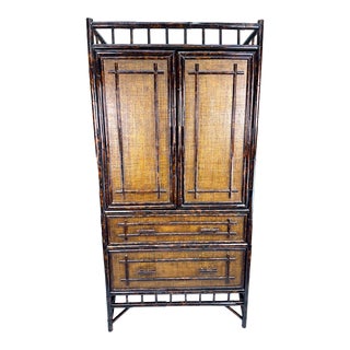 British Colonial Bauer Tortoise Bamboo Rattan Grasscloth Armoire Wardrobe For Sale