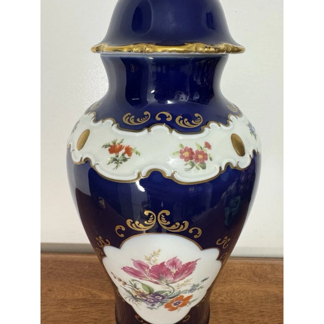 Blue Vintage Wallendorf 1764 Echt Kobalt Cobalt Blue Floral Gold Lidded Vase GDR For Sale - Image 8 of 18