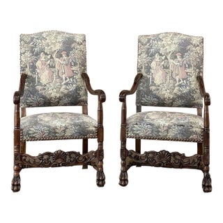 Pair Antique French Louis XIII Armchairs With Tapestry Upholstery For Sale